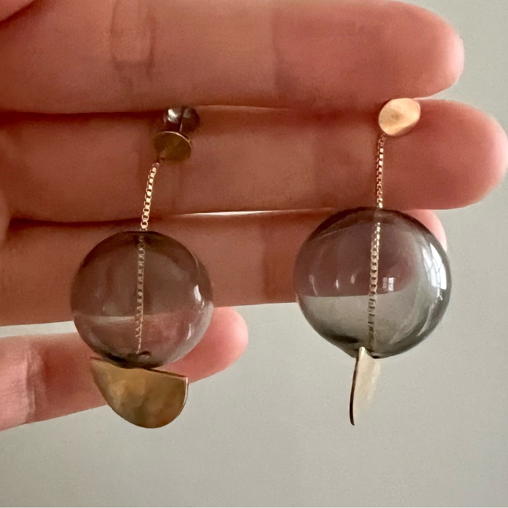 Artist Hand Made Grey Glass Bubble Circle Art Deco Brass Funky Shape Earrings